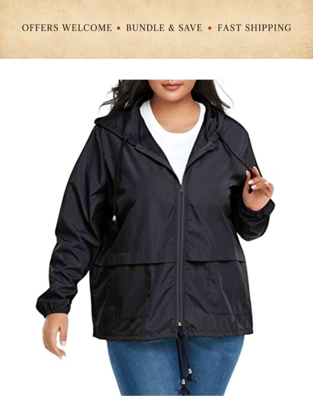 Plus Size Women's Lightweight Packable Waterproof Hooded Raincoat Windbreaker